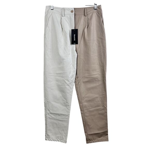 Vinti6 New Colorblock Faux Leather Ankle Pants Size Large High Waisted Neutral - Picture 1 of 10